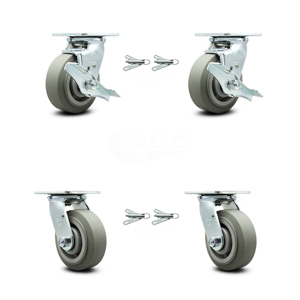Service Caster 5 Inch Thermoplastic Rubber Caster Set with Roller Bearing 4 Swivel Lock 2 Brake SCC-30CS520-TPRRF-TLB-BSL-2-BSL-2 - main